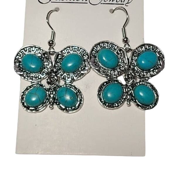 Silver Turquoise Stone Butterfly Dangle Drop Fashion Earrings - Picture 1 of 2